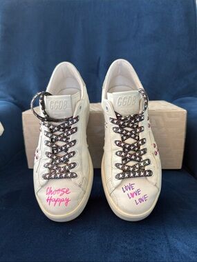 Golden Goose White PURE STAR CUSTOM Sneakers with Pink/Purple Accents